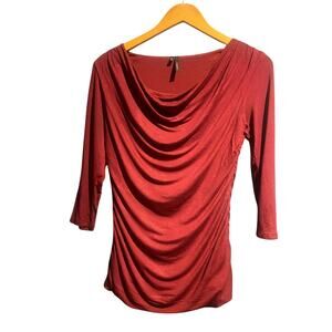 Maurices maroon knit top draped neckline 3/4 slv small ruched sides soft comfy